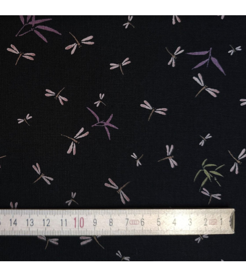 Japanese fabric. Dragonflies and bamboo over black
