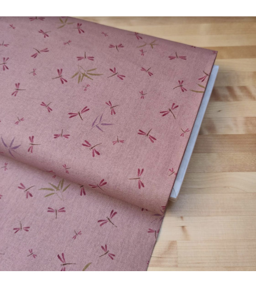 Tela japonesa. Libélulas y bambú en rosa viejo