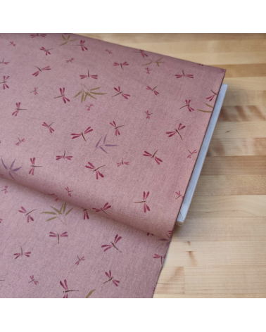 Tela japonesa. Libélulas y bambú en rosa viejo