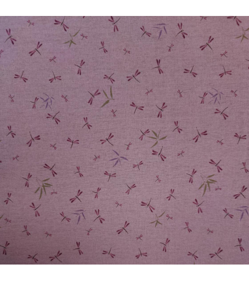 Tela japonesa. Libélulas y bambú en rosa viejo