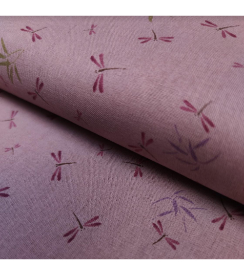 Tela japonesa. Libélulas y bambú en rosa viejo