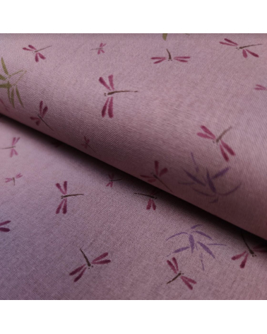 Tela japonesa. Libélulas y bambú en rosa viejo