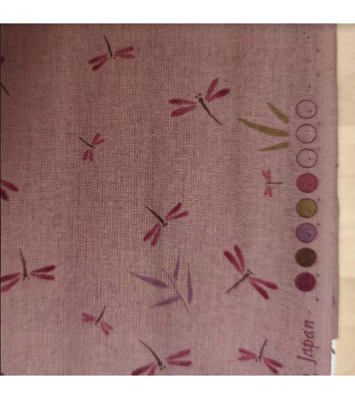 Tela japonesa. Libélulas y bambú en rosa viejo