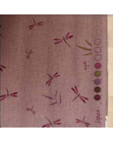 Tela japonesa. Libélulas y bambú en rosa viejo