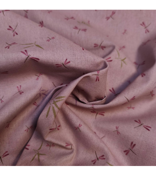 Tela japonesa. Libélulas y bambú en rosa viejo