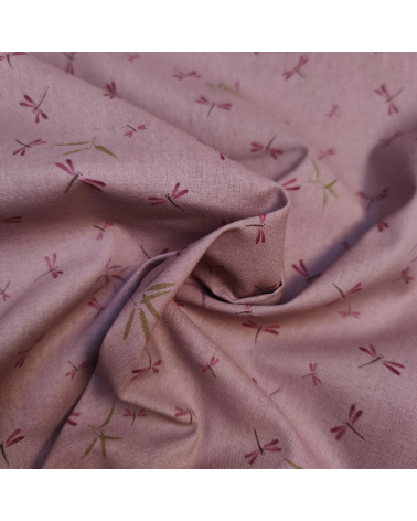 Tela japonesa. Libélulas y bambú en rosa viejo
