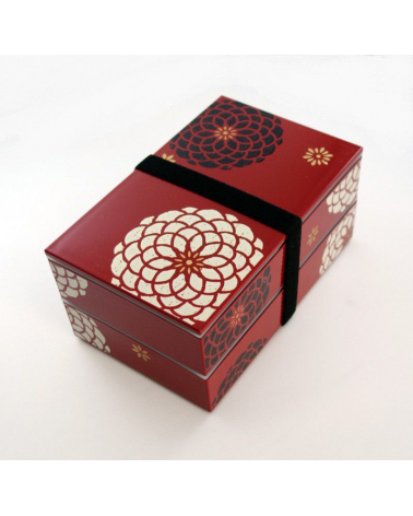 Bento box (lunch box) flores blancas y negras sobre fondo rojo