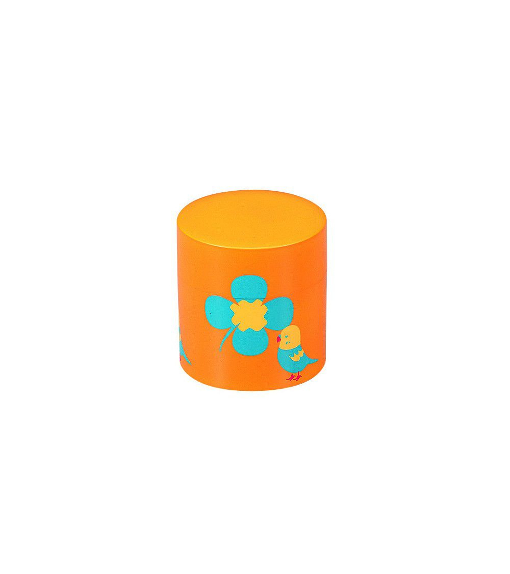 Bote con tapa silicona pájaro con flor fondo amarillo