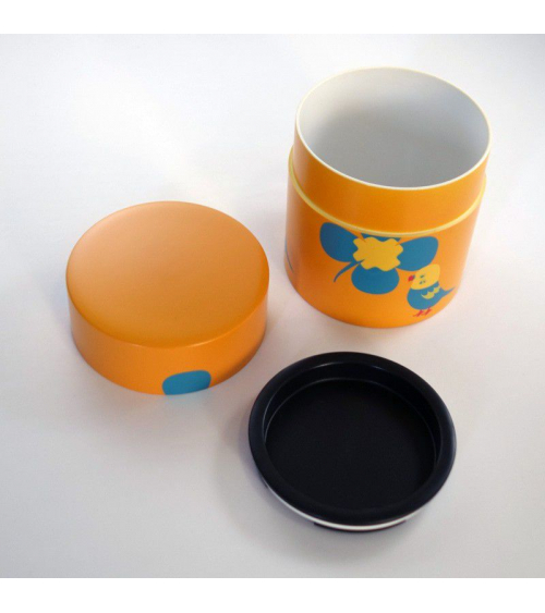 Bote con tapa silicona pájaro con flor fondo amarillo