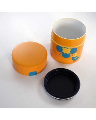 Bote con tapa silicona pájaro con flor fondo amarillo