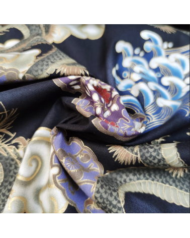 Tela japonesa de algodón de dragones, nubes y olas.