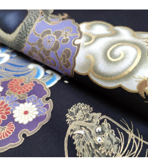 Tela japonesa de algodón de dragones, nubes y olas.