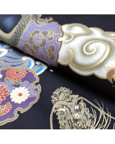Tela japonesa de algodón de dragones, nubes y olas.
