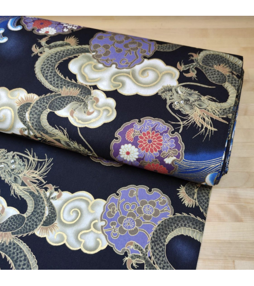 Tela japonesa de algodón de dragones, nubes y olas.