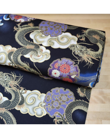 Tela japonesa de algodón de dragones, nubes y olas.