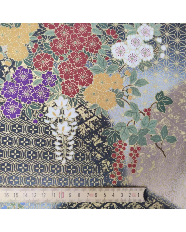 Tela japonesa de algodón glicinias en gris y beige.