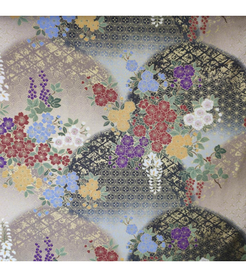 Tela japonesa de algodón glicinias en gris y beige.