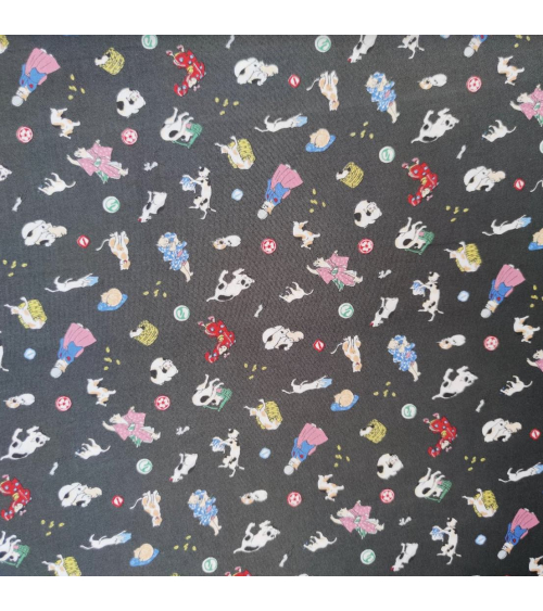 Japanese Fabric 'Edo cats' over grey background.