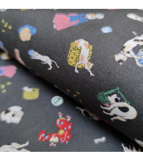 Japanese Fabric 'Edo cats' over grey background.