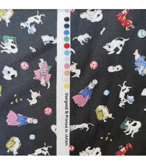Japanese Fabric 'Edo cats' over grey background.
