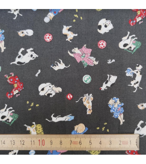Japanese Fabric 'Edo cats' over grey background.
