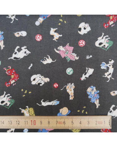 Japanese Fabric 'Edo cats' over grey background.