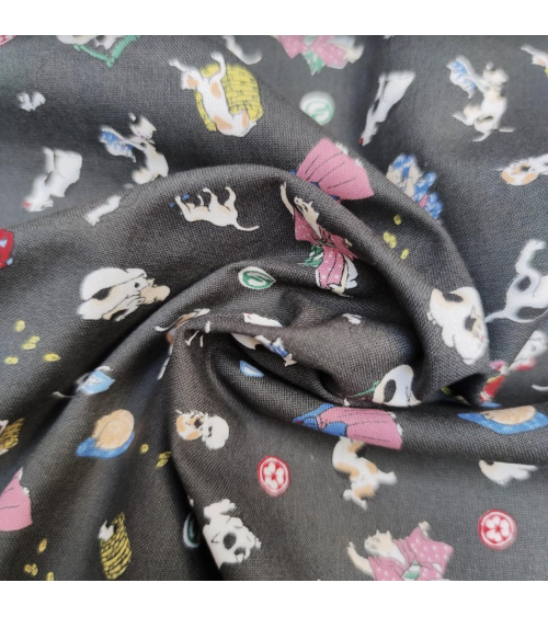 Japanese Fabric 'Edo cats' over grey background.