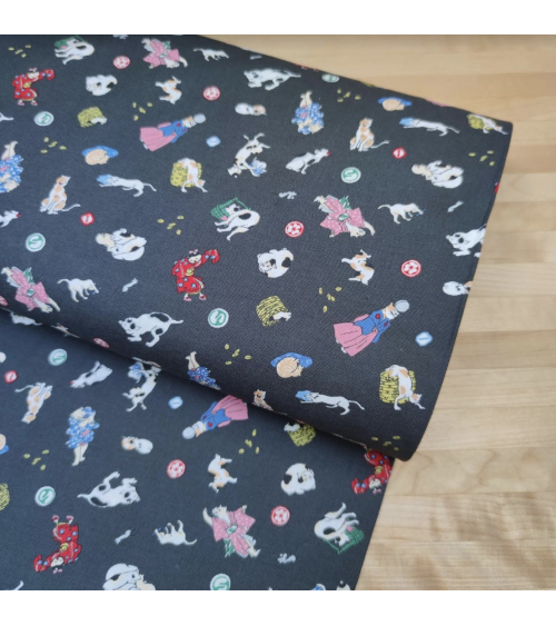 Japanese Fabric 'Edo cats' over grey background.
