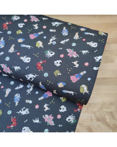 Japanese Fabric 'Edo cats' over grey background.