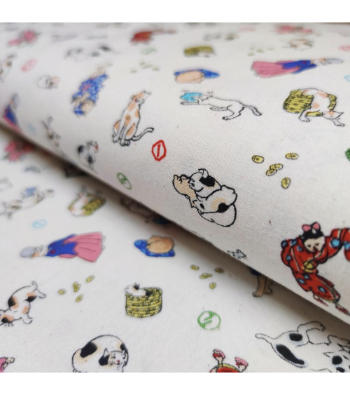 Japanese Fabric 'Edo cats' over natural white background.