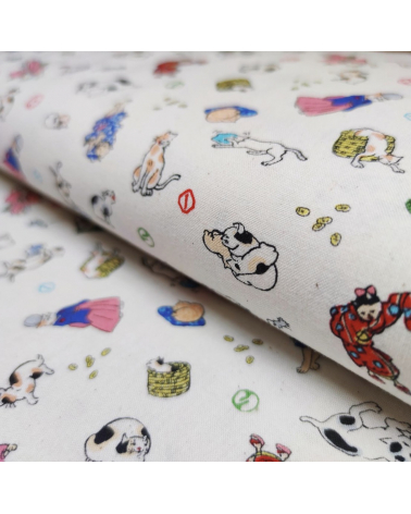 Japanese Fabric 'Edo cats' over natural white background.