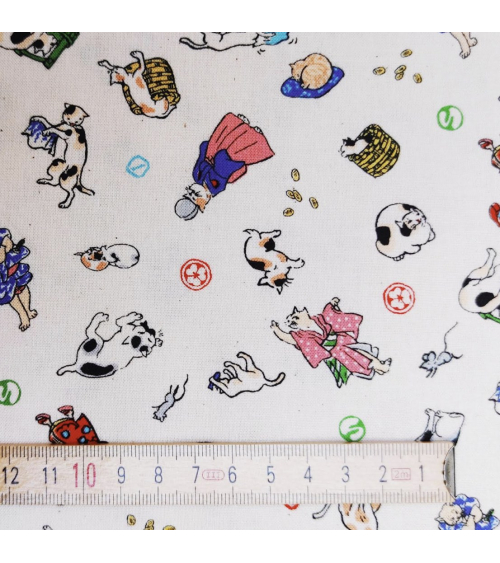 Japanese Fabric 'Edo cats' over natural white background.