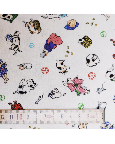 Japanese Fabric 'Edo cats' over natural white background.