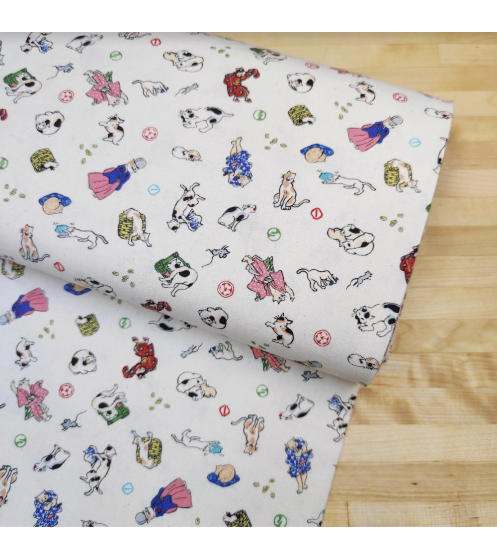 Japanese Fabric 'Edo cats' over natural white background.