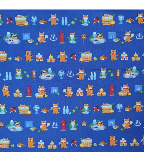 Japanese Fabric 'Shiba Inu in the onsen' on peacock blue.