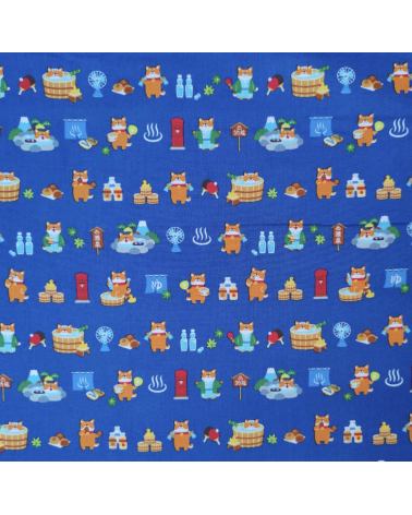 Japanese Fabric 'Shiba Inu in the onsen' on peacock blue.