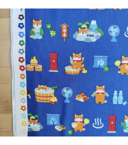 Japanese Fabric 'Shiba Inu in the onsen' on peacock blue.