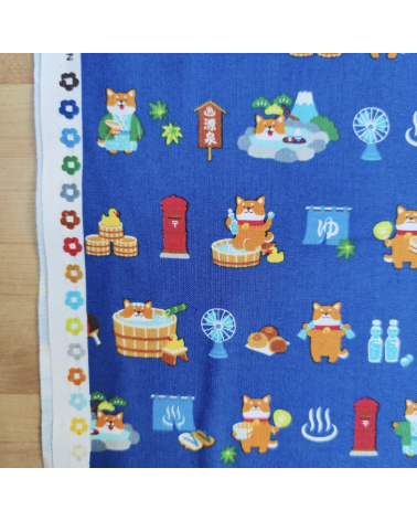 Japanese Fabric 'Shiba Inu in the onsen' on peacock blue.