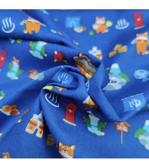 Japanese Fabric 'Shiba Inu in the onsen' on peacock blue.