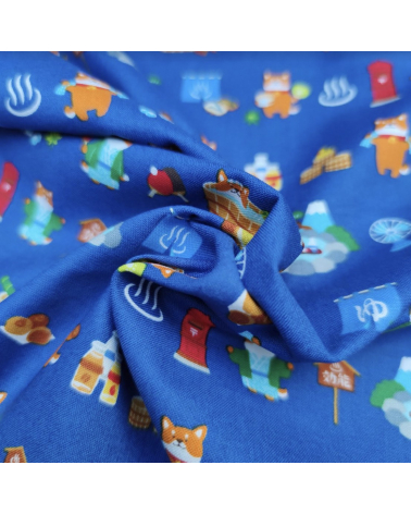 Japanese Fabric 'Shiba Inu in the onsen' on peacock blue.