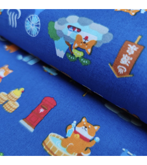 Japanese Fabric 'Shiba Inu in the onsen' on peacock blue.
