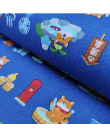 Japanese Fabric 'Shiba Inu in the onsen' on peacock blue.