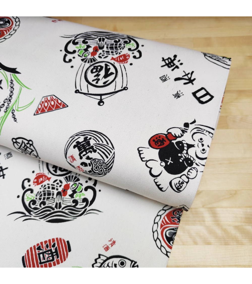 Japanese cotton canvas "Good fortune" on ecru background