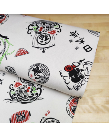 Japanese cotton canvas "Good fortune" on ecru background