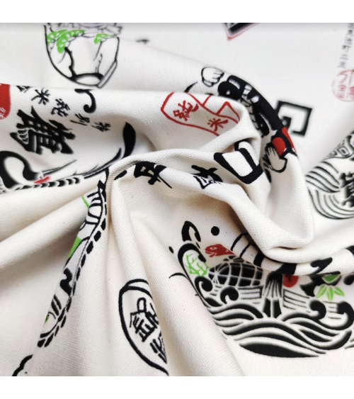 Japanese cotton canvas "Good fortune" on ecru background