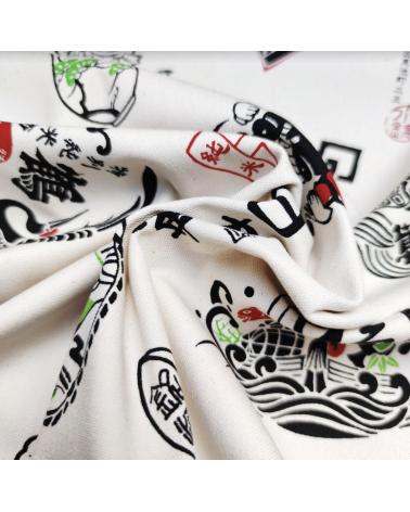 Japanese cotton canvas "Good fortune" on ecru background