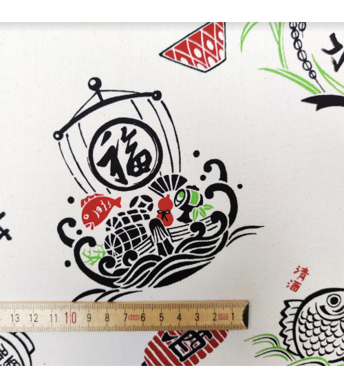 Japanese cotton canvas "Good fortune" on ecru background
