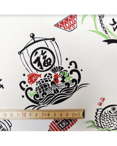 Japanese cotton canvas "Good fortune" on ecru background