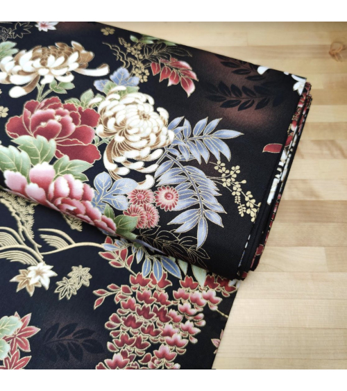 Japanese fabric Autumn flowers with golden details.
