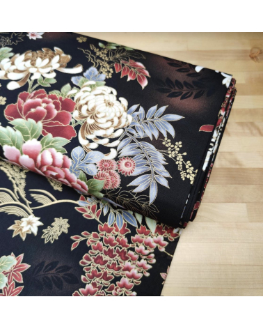 Japanese fabric Autumn flowers with golden details.